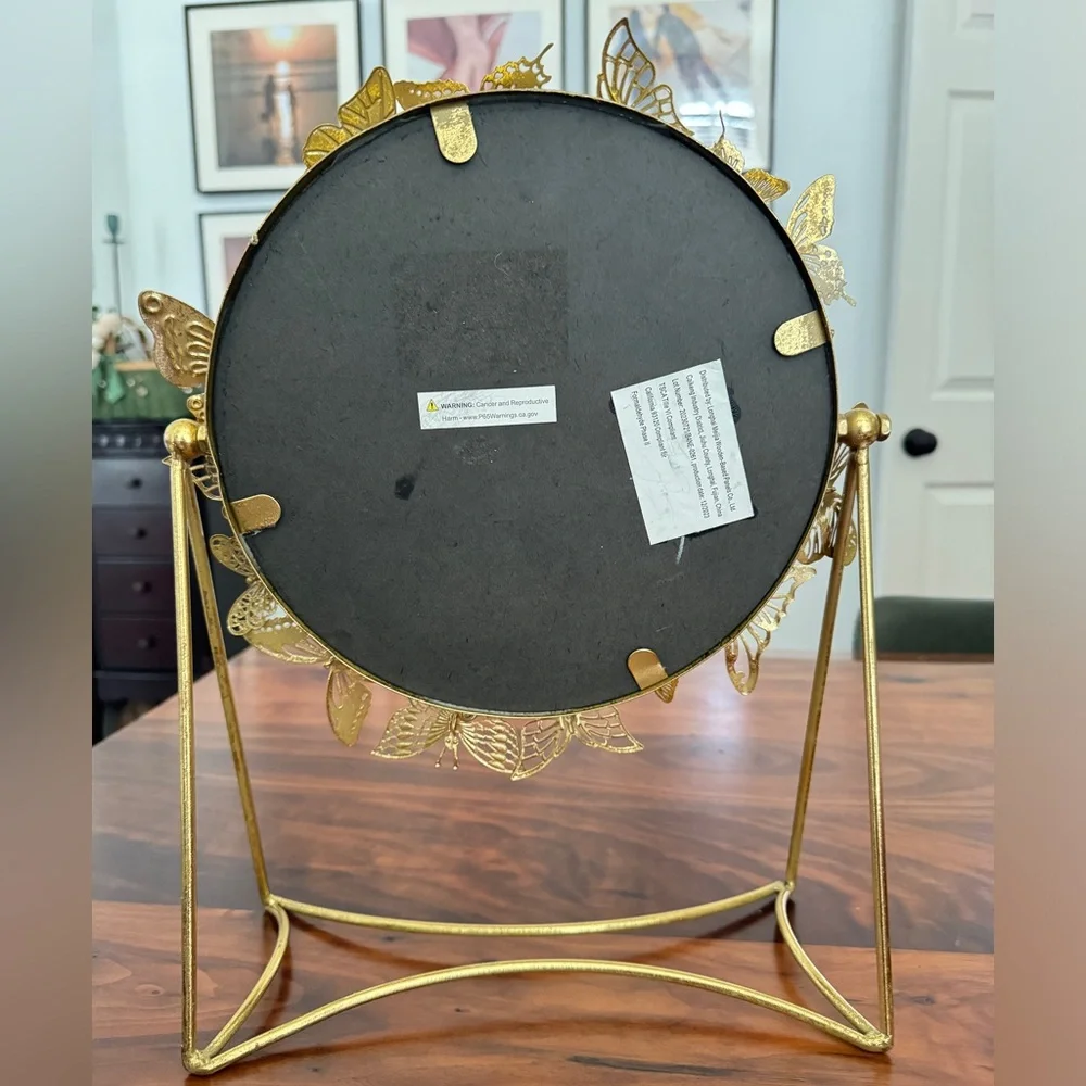 Vintage Gold Metal Round 3D Butterfly Standing Mirror